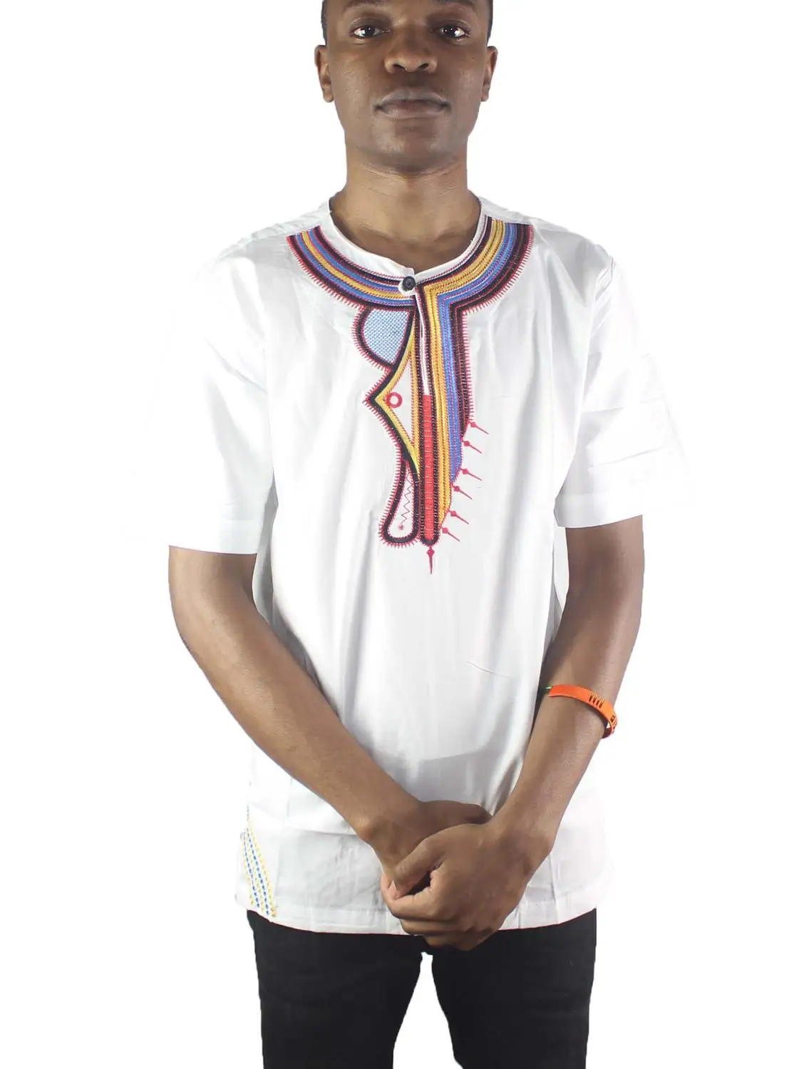 

Africa White Irregular Embroidery Men`s Ethnic Tops Short Sleeved Henley Shirts for Summer
