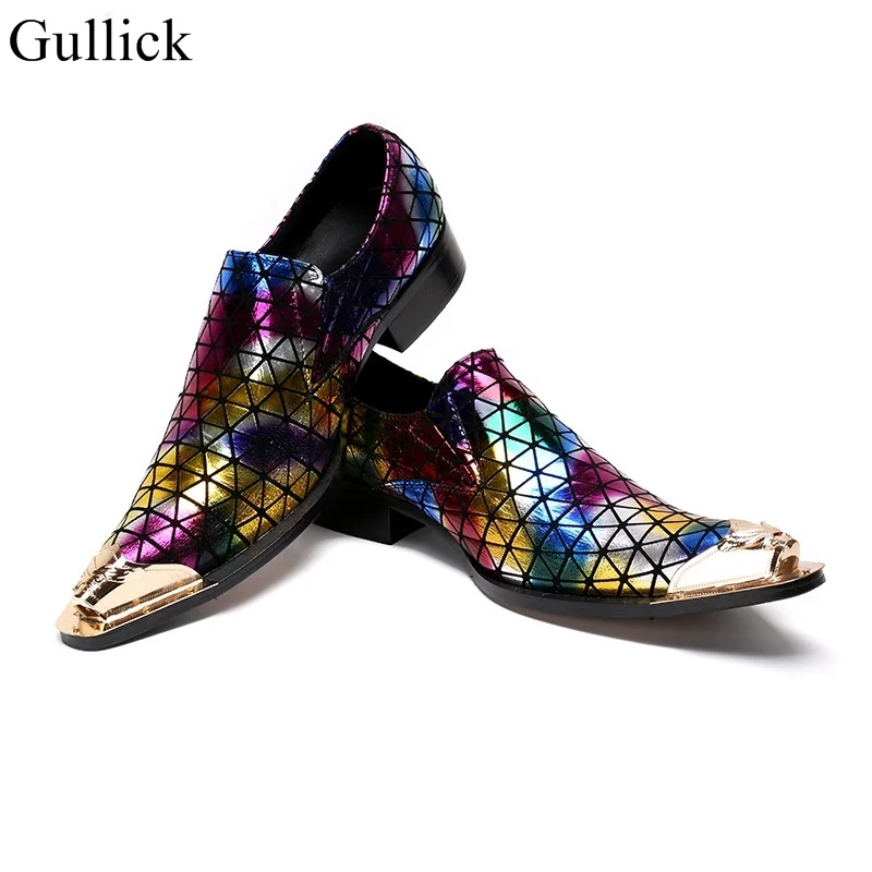 Gullick Fashion Men Dress Shoes Gold Metal Toe Colorful Party Wedding