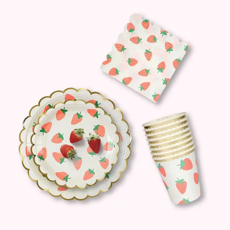 

8pcs Pink Strawberry Disposable Tableware Party Decoration Tissue Paper Cup Dish Dinner Paper Tableware Plates Cups Napkins