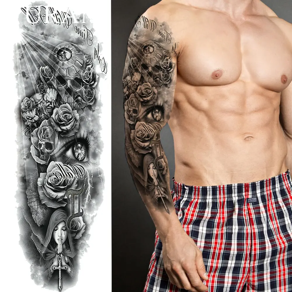 

Long Lasting Black Pray Nun Temporary Tattoo Stickers Men Full Arm Waterproof Tatto Women Shoulder Fake Tattoo Body Art Painting