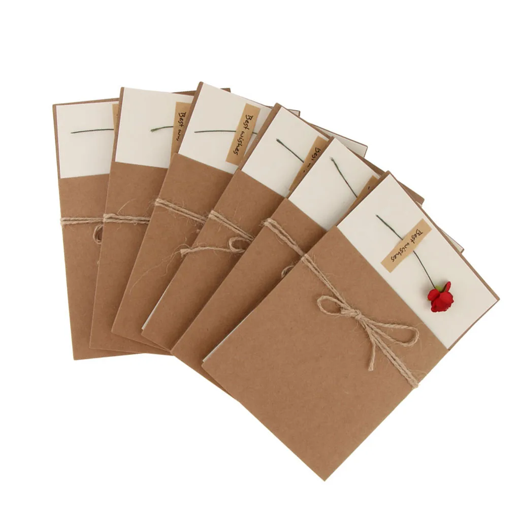 6pcs Rustic Dried Flower Kraft Paper Greeting Cards Handmade Crafts Blank Inside With Envelops