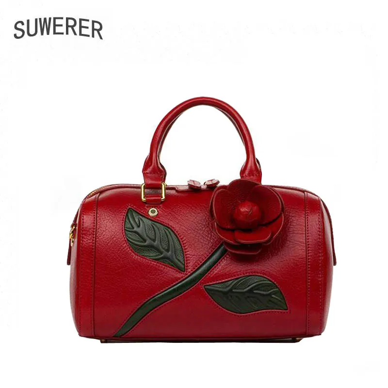 

Genaine leather bag free delivery women bag Fashion stereoscopic flower shoulder Messenger Bag Luxury retro handbag Boston bag