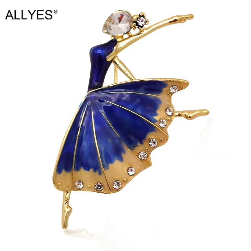 

ALLYES Ballerina Brooches For Women Costume Jewelry Female Fashion Collar Lapel Ballet Dancer Crystal Blue Enamel Pin Brooch