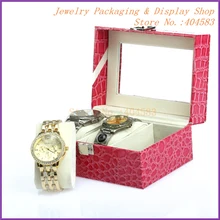 Розовый камень шаблон стеклянная крышка 3 часы кожаная коробка для часов, шкатулка с подушками