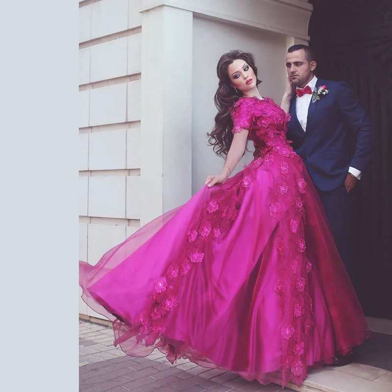 Elegant Arabic Fuchsia A-Line Beaded Flower Short Sleeve Evening Dress 2017 Women Birthday Party Prom Gowns robe de soiree RE56
