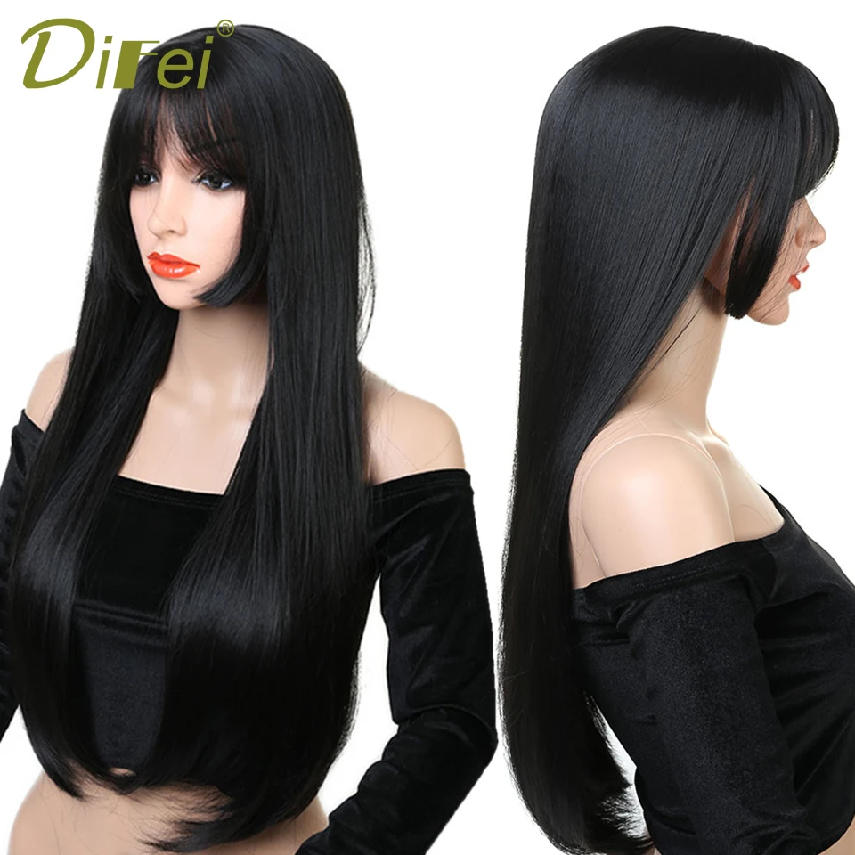 Comprar Pelucas negras largas DIFEI 24 pulgadas con flequillo pelucas rectas sintéticas resistentes al calor para mujeres afro americanas pelo falso