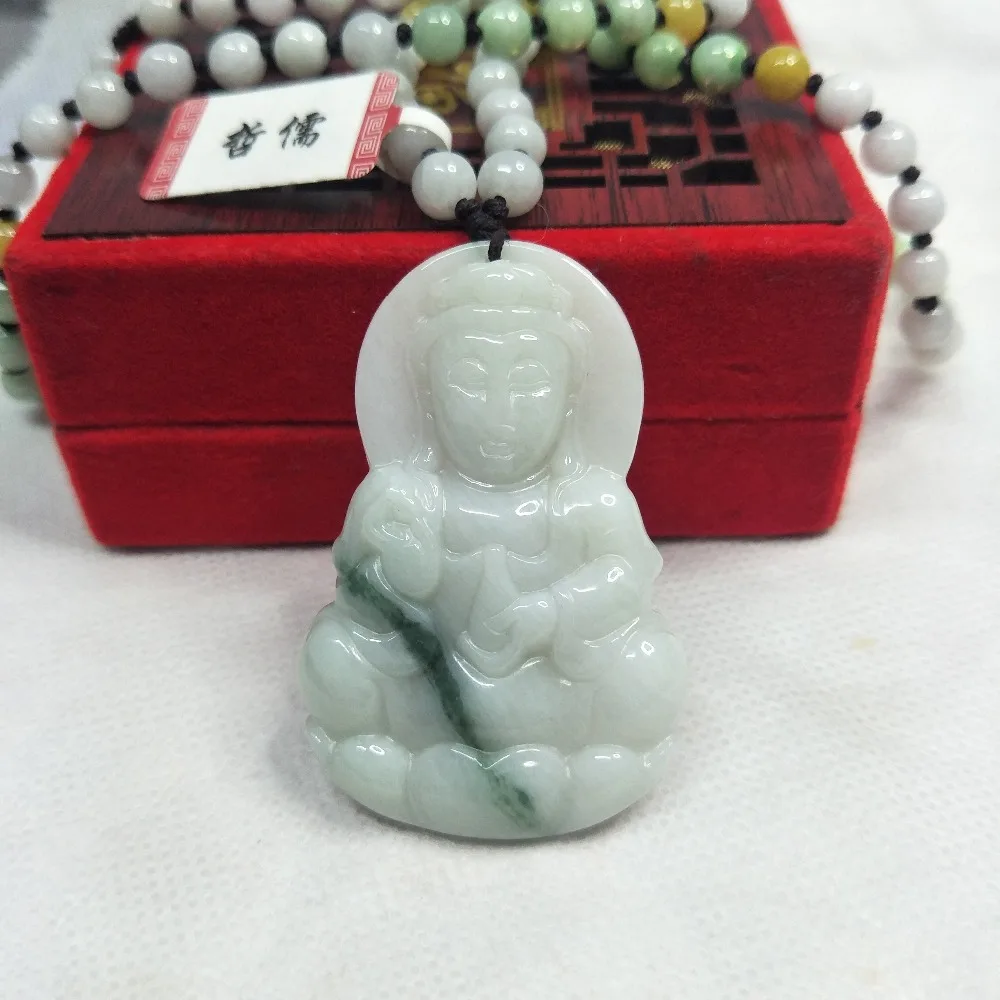 

Zheru Jewelry Pure Natural Jadeite Carved Light Green Blue Guanyin Pendant Tricolor Jadeite Bead Necklace Send Class A Certifica