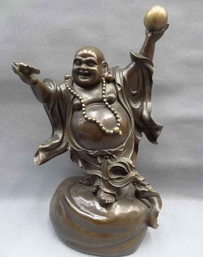

S3413 20" Chinese Pure Bronze Happy Maitreya Buddha Hold BAT Ball On Money Bag Statue D0318