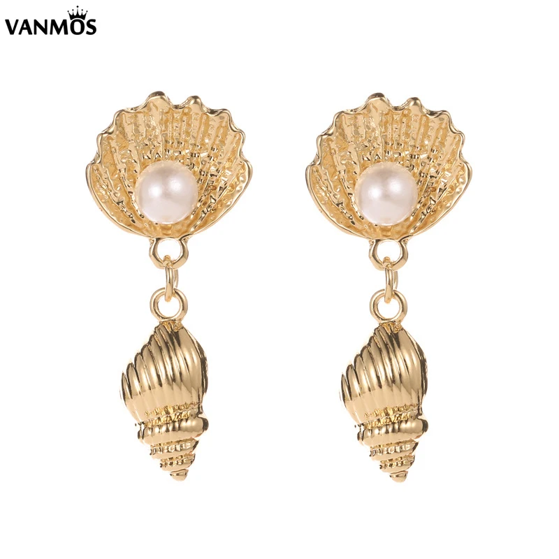 

Vanmos New Summer Bohemia Beach Alloy Shell Imitation Pearls Pendant Earrings Female Metal Conch Dangle Earring Jewelry 2019
