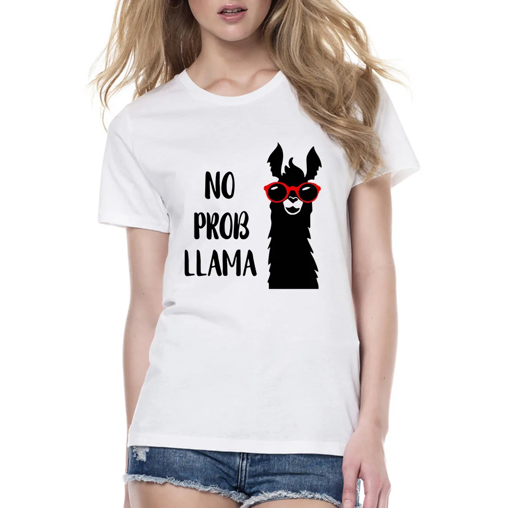 

2018 Womens T-Shirt No Prob Llama Funny Harajuku Tshirt Women's Short Sleeve Cute Alpaca Llama T Shirt Cartoon Animal Tees