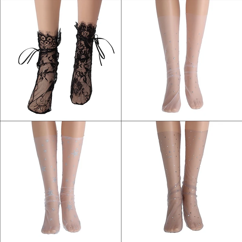 

Fashion Women Socks Multi Glitter Thin Soft Star Sheer Mesh Tulle Socks Transparent Ultrathin Fishnet Visible Hosiery Socks
