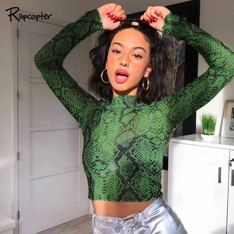 

Rapcopter Womens Snake Print Tops Long Sleeve Short Autumn Casual Shirts Female Woden O-neck Fashion Streetwear Tee Shirt 2018
