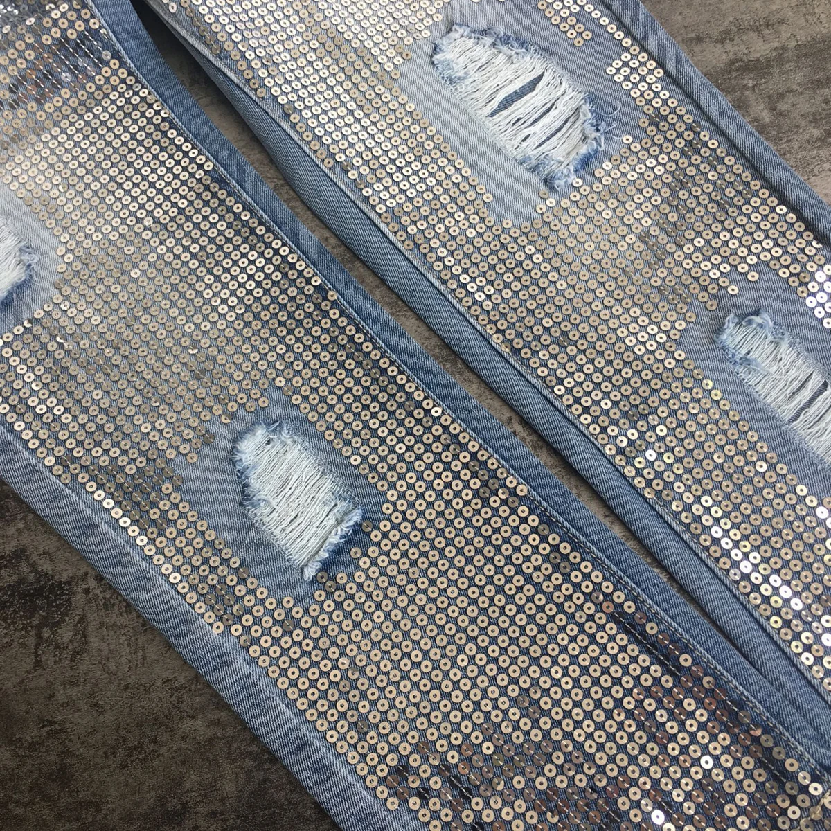 New Fashion Vintage Loose Ripped Sequins Jeans Women Hollow Out Sequined Embroidered Metal Sheets Straight Nine points Pants