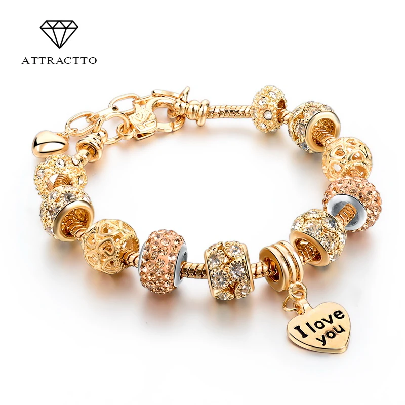 ATTRACTTO Hot Selling 2018 Heart Charm Bracelets & Bangles Gold Bracelets For Women DIY Pulsera Famous Brand Jewellery SBR150074