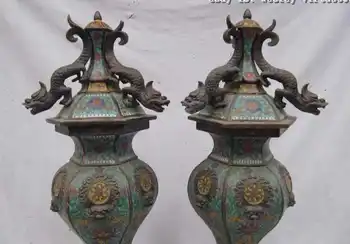 

22 INCH Regius 100% Bronze cloisonne Three Dragon Six arris pagoda Vase