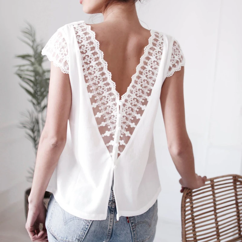 إمرأة قمم و البلوزات أنيقة الدانتيل عارية الذراعين زر أزياء المرأة البلوزات 2019 الخامس الرقبة المؤنث البلوزات امرأة 2019 الإناث قميص