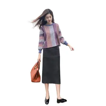 

Two Piece Suit Autumn Winter Women Knitting Sweater Skirt Female Striped Loose Oversized Warm Fashion Pullovers 2 Piece Suit F98