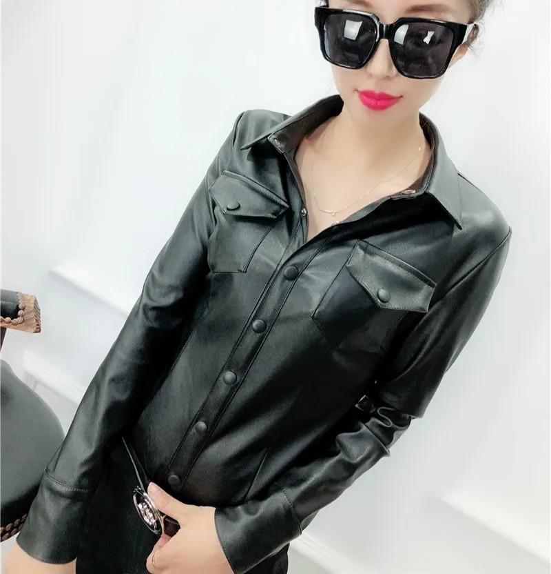 

2018 Autumn Long Sleeve Turn Down Collar Pu Leather Shirts Women Fake Leather Tops Lady Long Sleeve Black PU Shirts Lady PU Tops