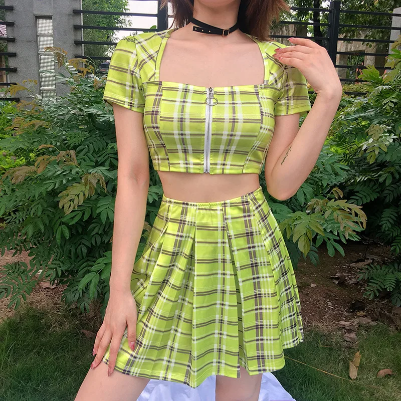 

pole dance clothing rave outfit neon clothes plaid dance set square neckline crop tops pleated short skirt pole dance wear