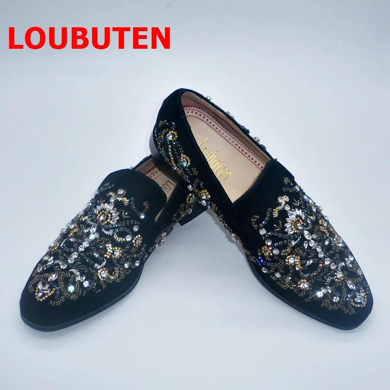 

LOUBUTEN Black Suede Mens Shoes Luxury Handmade Slip On Crystal Rhinestone Beading Men's Loafers Men Prom And Wedding Shoes