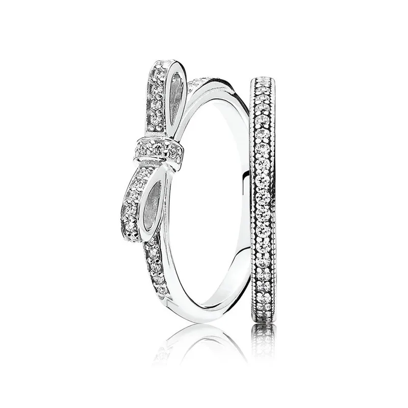 

Fashion 925 Sterling Silver Fashion Loving Bow Ring Stack For Women Party Gift Wedding Ring Fine Pandora Jewelry Original