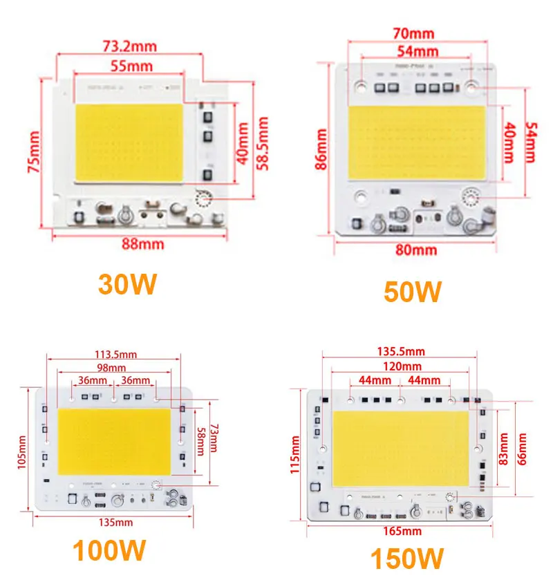 10 шт./лот светодиодный COB Чип-диод 50 W 100 W 150 W 200 W AC110V/220 V Вход с умная ИС(интеграционная схема) подходит для DIY прожектор высокой анти-при скачках напряжения