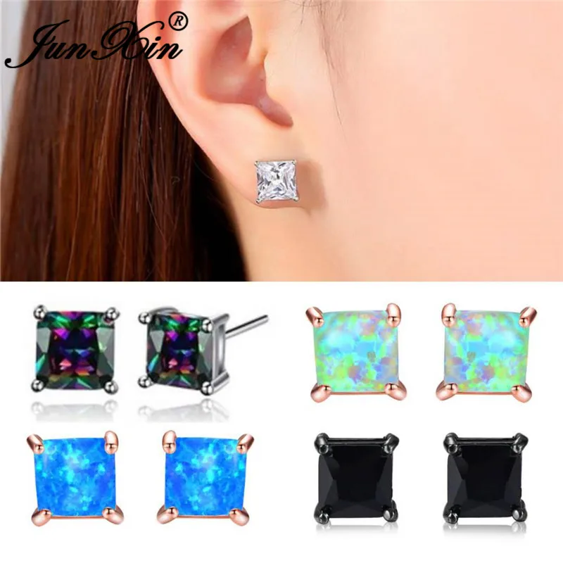 JUNXIN Princess Cut Crystal Square Stud Earrings For Women Men White Gold Rose Gold Color Black CZ White Blue Fire Opal Earrings