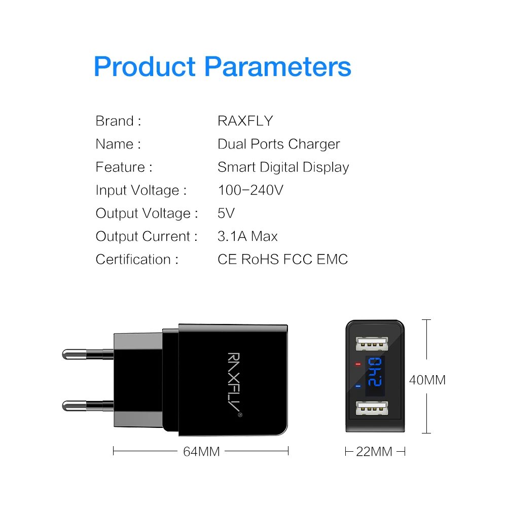 RAXFLY المزدوج منافذ الهاتف شاحن ل فون سامسونج اللوحي الرقمية عرض USB شاحن 5 فولت/2.4A سريع شحن السفر جدار شواحن RAXFLY المزدوج منافذ الهاتف شاحن ل فون سامسونج اللوحي الرقمية عرض USB شاحن 5 فولت/2.4A سريع شحن السفر جدار شواحن