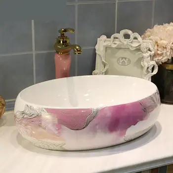 

Europe style chinese wash basin vessel sinks Jingdezhen Art Counter Top ceramic basin sink oval ceramic wash basin bathroom sink