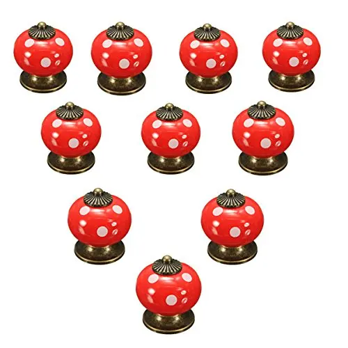 

WSFS Hot Sale 10pcs Retro Polka Dot Ceramic Door Knob Cabinet Cupboard Drawer Locker Handles Red