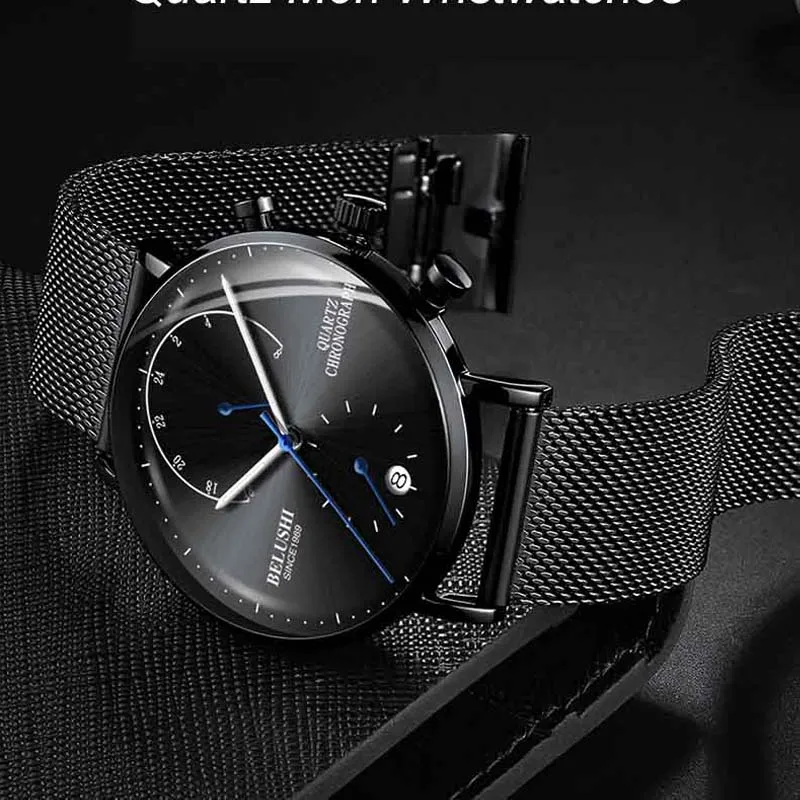 

BELUSHI Black Steel Men Watch Top Brand Luxury Waterproof Fashion Chronograph Auto Date Quartz Wrist Watches Relogio Masculino