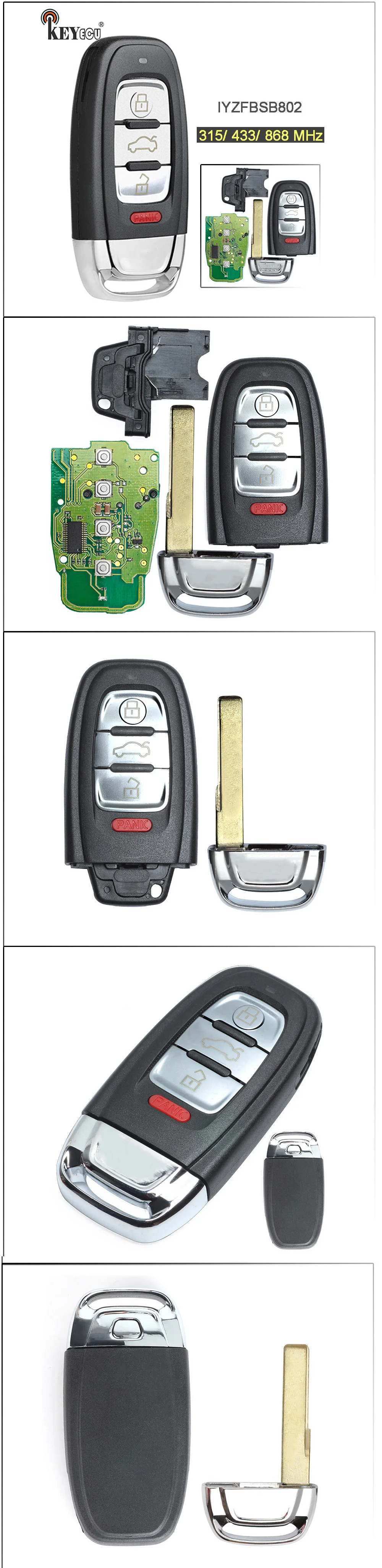 KEYECU 315/433/868 МГц FCC, аддитивного цветового пространства: IYZFBSB802, в ассортименте 3+ 1 4 кнопки дистанционный смарт ключ-брелок для Audi A3 A4 A5 A6 A8 Quattro Q5 Q7 A6 A8