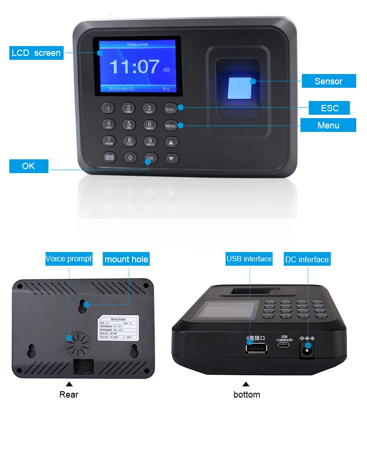 Биометрический отпечаток пальца машина посещаемости времени часы рекордер распознавание сотрудников офисное устройство электронный пять языков