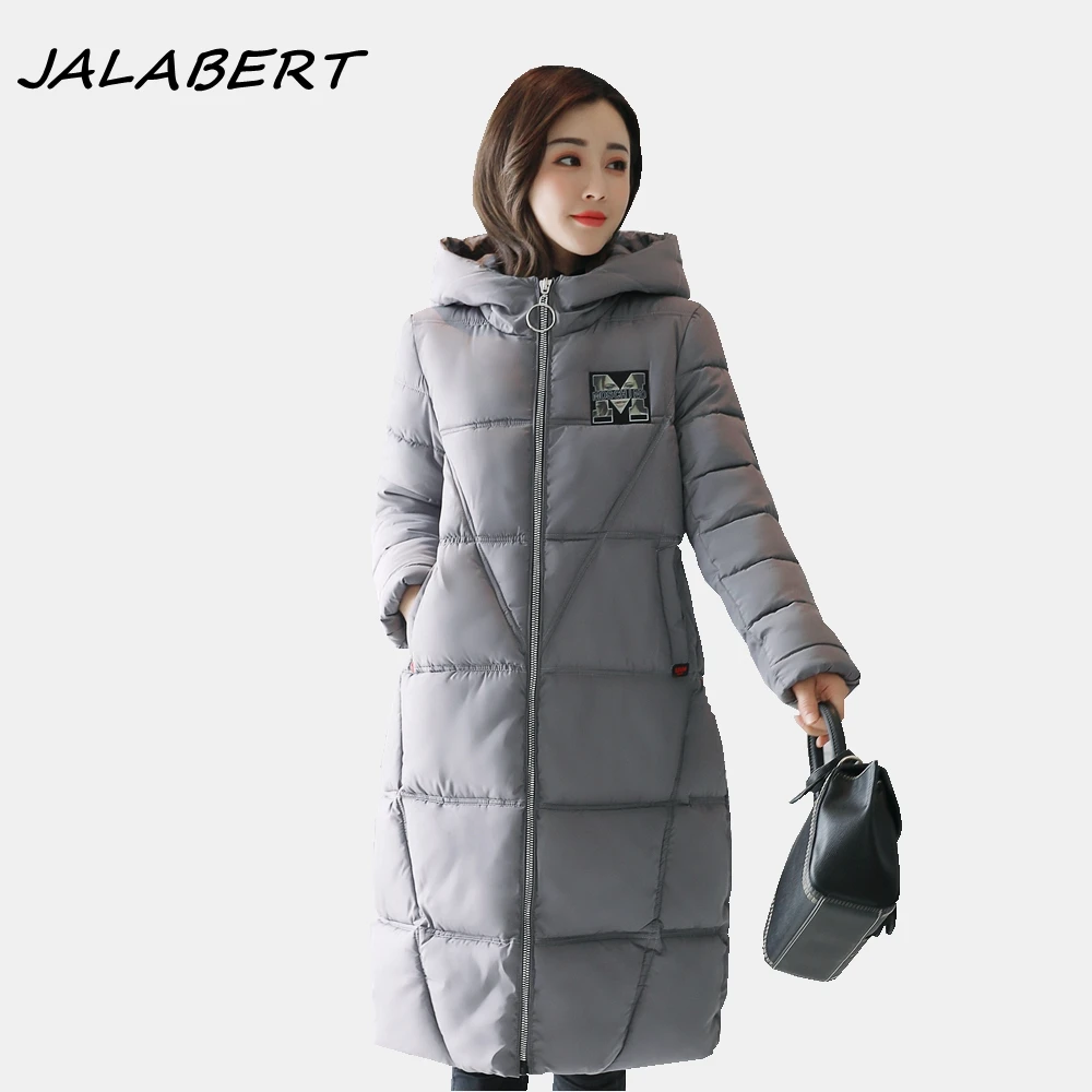 

2017 new winter jacket for women warm long hooded thick solid zipper parkas female gray letter pattern slim cotton coat