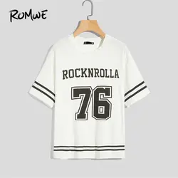 ROMWE мужчины Varsity Письмо полосатый принт футболка 2019 Повседневная стильная белая с коротким рукавом топы большой комфорт летняя футболка