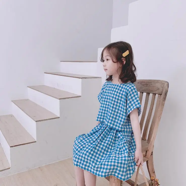 

2019 Wholesale New Girls Plaid 2 Pcs Set Blouse+Skirt Cotton Girls Suits 2-7t PT281