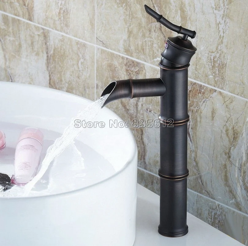 Classic Black Oil Rubbed Bronze Single Hole Deck Mounted Bamboo Style Bathroom Faucet Vessel Sink Waterfall Mixer Taps Wnf165