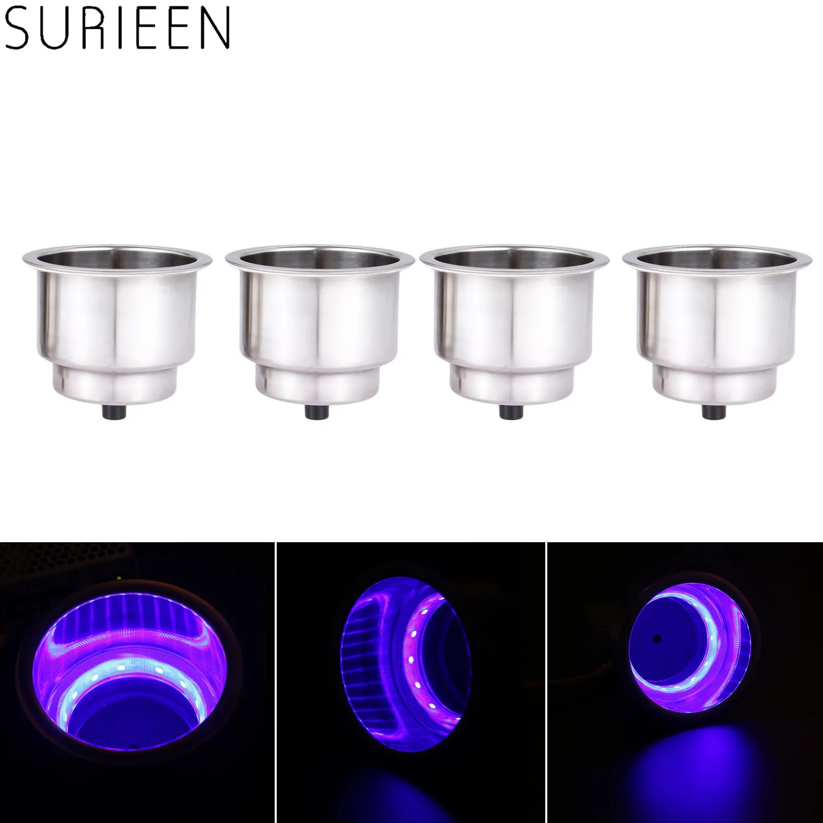 4 Pcs 12V 16 LED Blue Light Recessed Stainless Steel Cup Drink Holder Silver Cup For Marine Boat Car Truck RV Camper Accessories