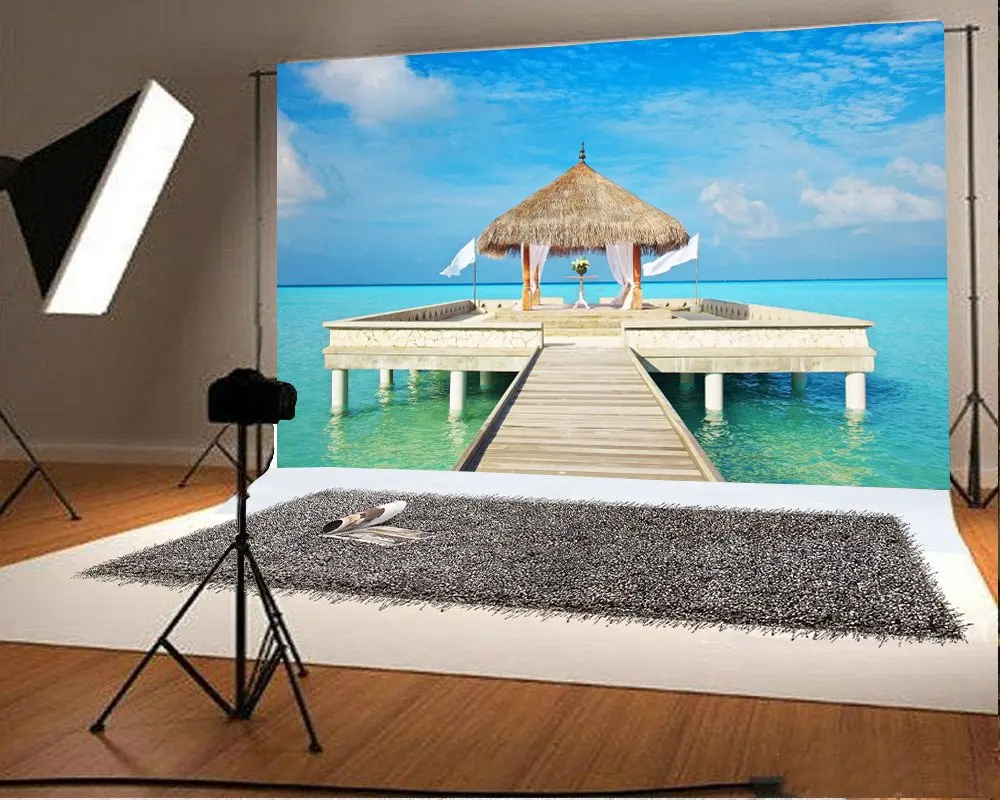 

Photography Backdrop Wooden View Desk Pure Blue Sea Scenery Backdrops Party Personal Portrait Studio