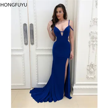 

HONGFUYU Sexy Mermaid Long Evening Dresses with Train Royal Blue Backless Custom robe de soiree Gown Formal Prom Dress Side Slit