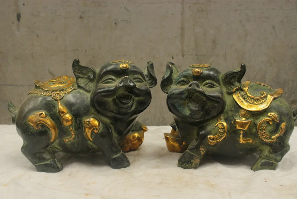 Chinese Culture Handmade Old Bronze Brass Statue Zodiac Treasure Pig