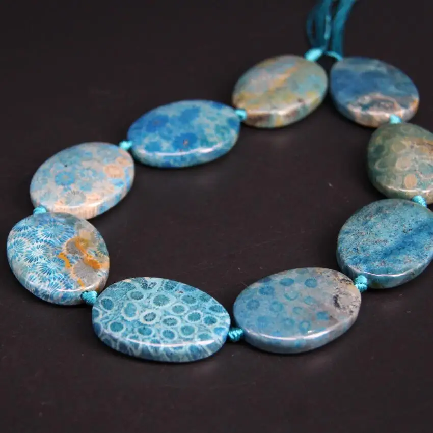 

New!!! 9PCS/strand Polished Blue Chrysanthemum Stone Oval Slab Nugget Beads,Ocean Coral Jades Fossils Agates Slice Pendants