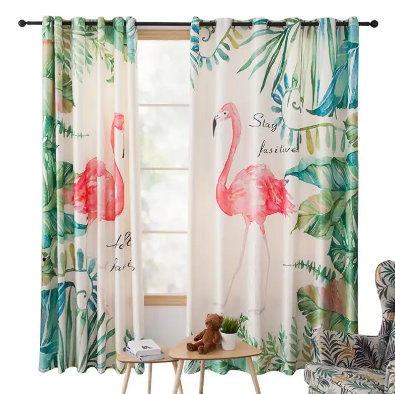 Ins Nordic Digital Printed 3d cartoon flamingo Curtains For Bedroom Window Decoration Modern Style plant Pattern Window Curtain