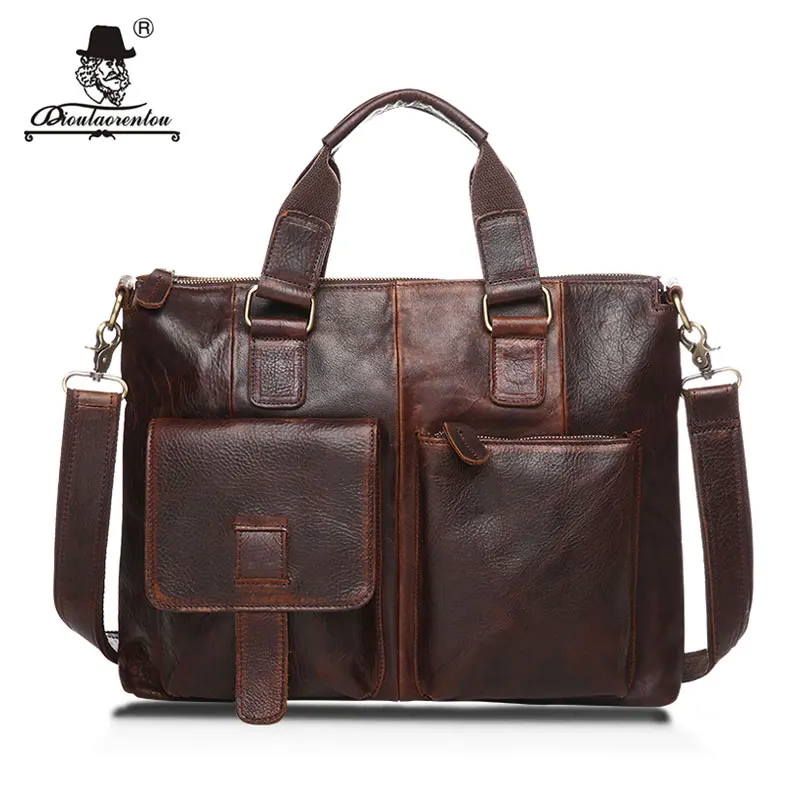 DIOULAORENTOU 14&quot; Real Leather Document Briefcase Retro Men Business Bags Mens Handbags Genuine ...