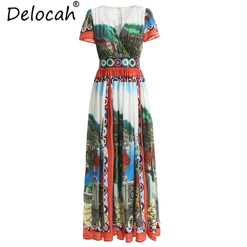 

Delocah New Women Spring Summer Dress Runway Fashion V-Neck Sequined Pleated Floral Printed Elegant Vintage Party Long Dresses