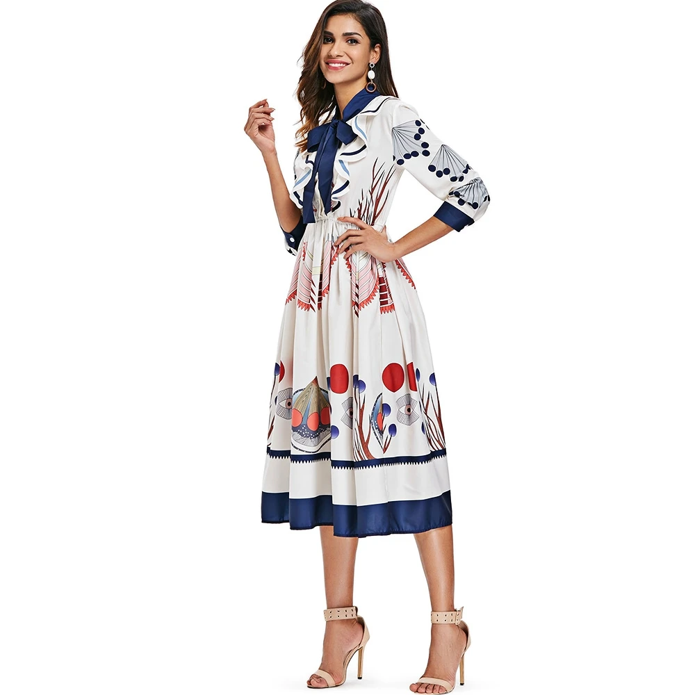 2018 Для женщин лук шеи Printed Ruffled миди платье 3/4 Sleeve A Line Цветочный принт Mid craft