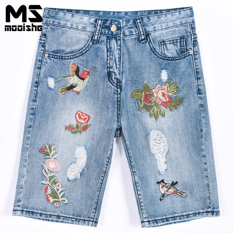 Mooishe Summer Vintage Embroidered Jeans Knee Length Ripped Bird Floral Embroidery BF Denim Pants Bottoms