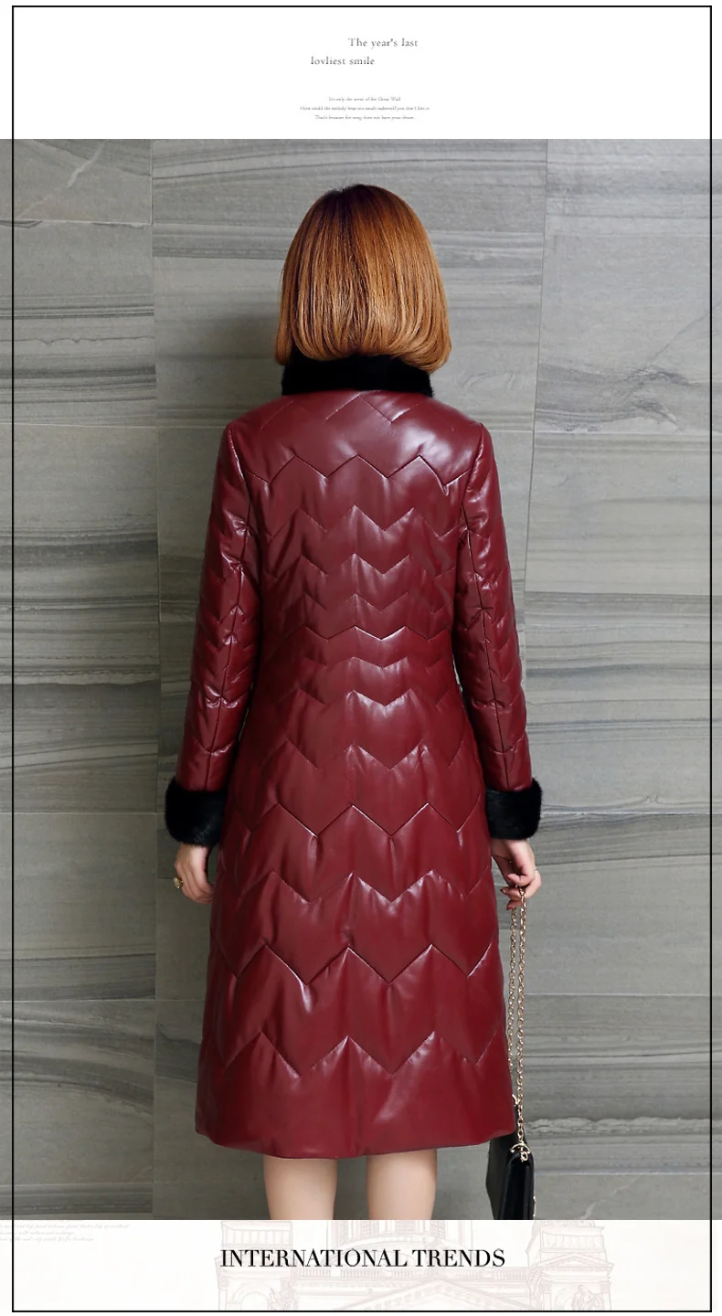 HANZANGL женское кожаное меховое пальто зимняя кожаная куртка с длинным рукавом Тонкий теплый пуховик Женская длинная парка черный/серый/красный