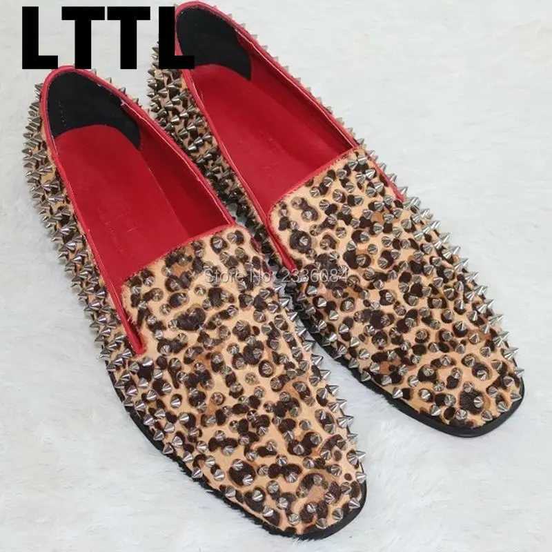 

Luxury Wild Style Mens Flat Shoes Gentleman's Loafers Square Toes Slip-On Horse Hair Rivets Sexy Mens Shoes Party Dress Shoes