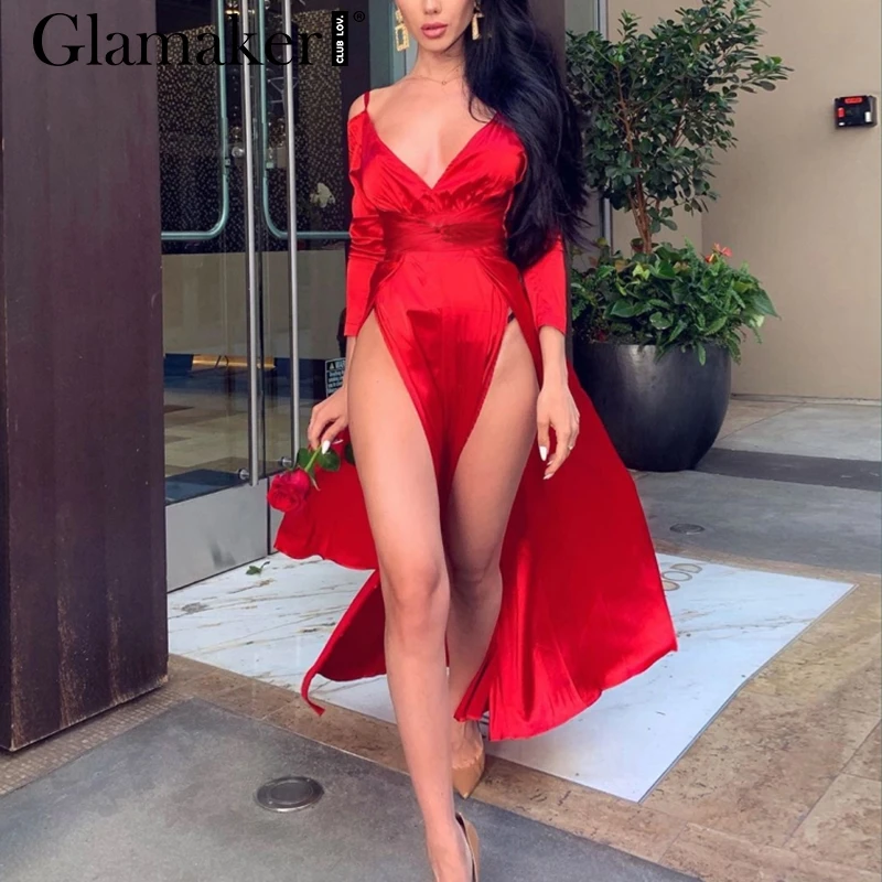 Glamaker, сексуальное сатиновое красное платье с открытыми плечами, женское летнее Элегантное макси платье с v-образным вырезом, вечерние платья с высоким разрезом, облегающее платье с длинным рукавом